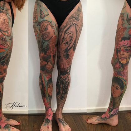 Sleeve in colour cultural women ibiza tattoo