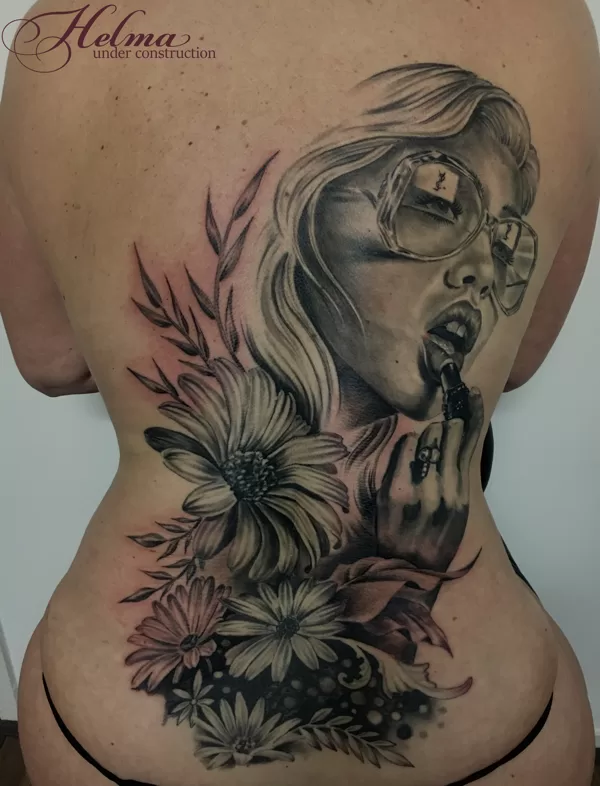 Black and grey tattoo lipstick girl with sunglasses ibiza