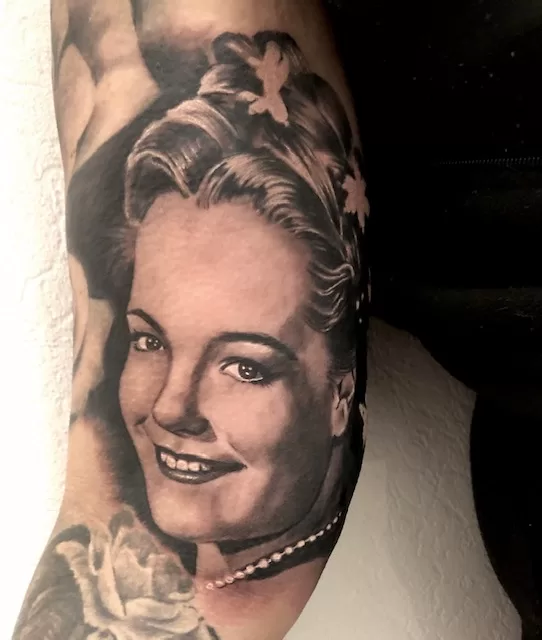 Romy schneider portrait black and grey ibiza tattoo